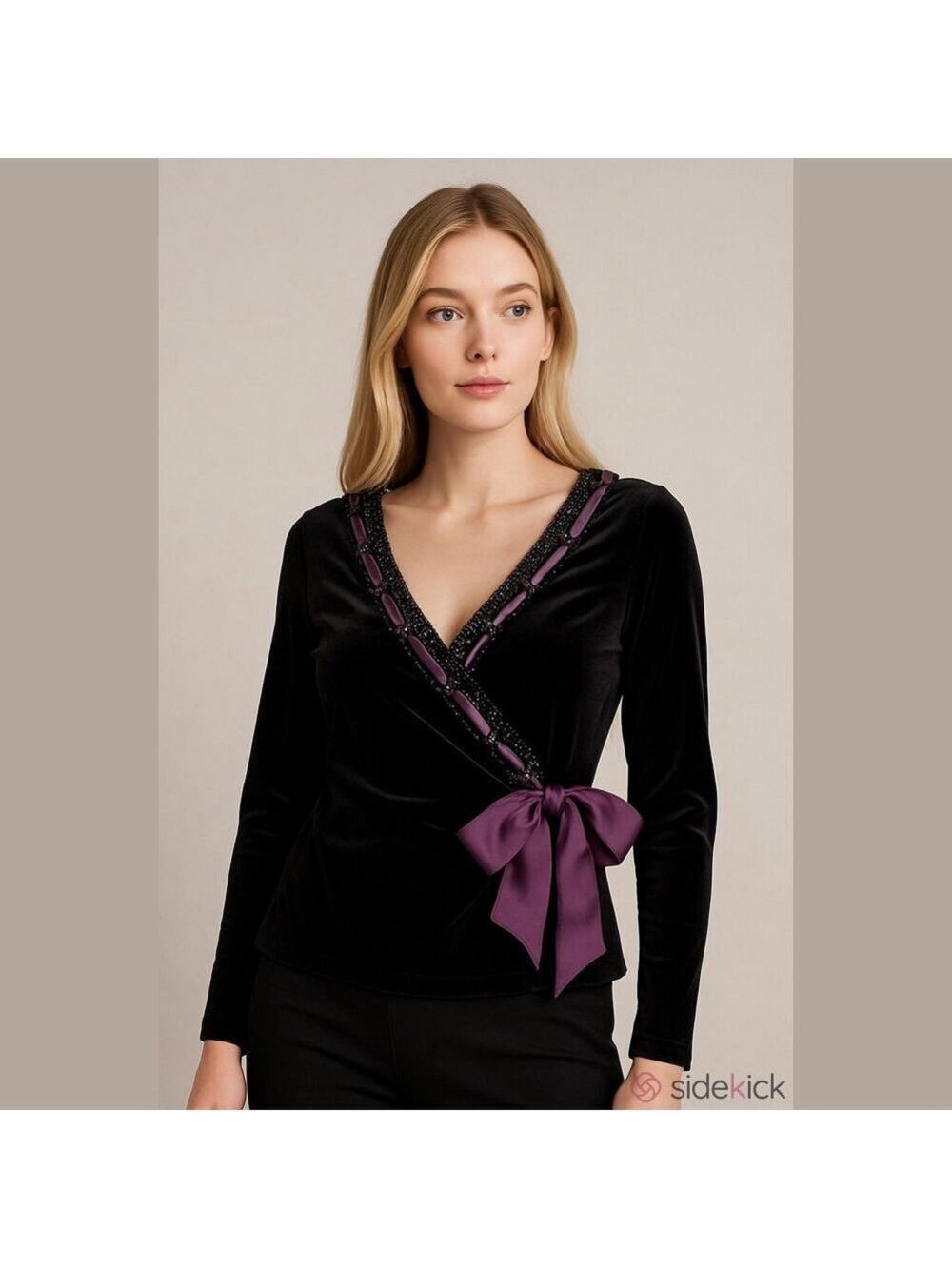 Vintage 80's Jackie Jon Black & Purple Velvet Beaded Top, P-Medium Size.